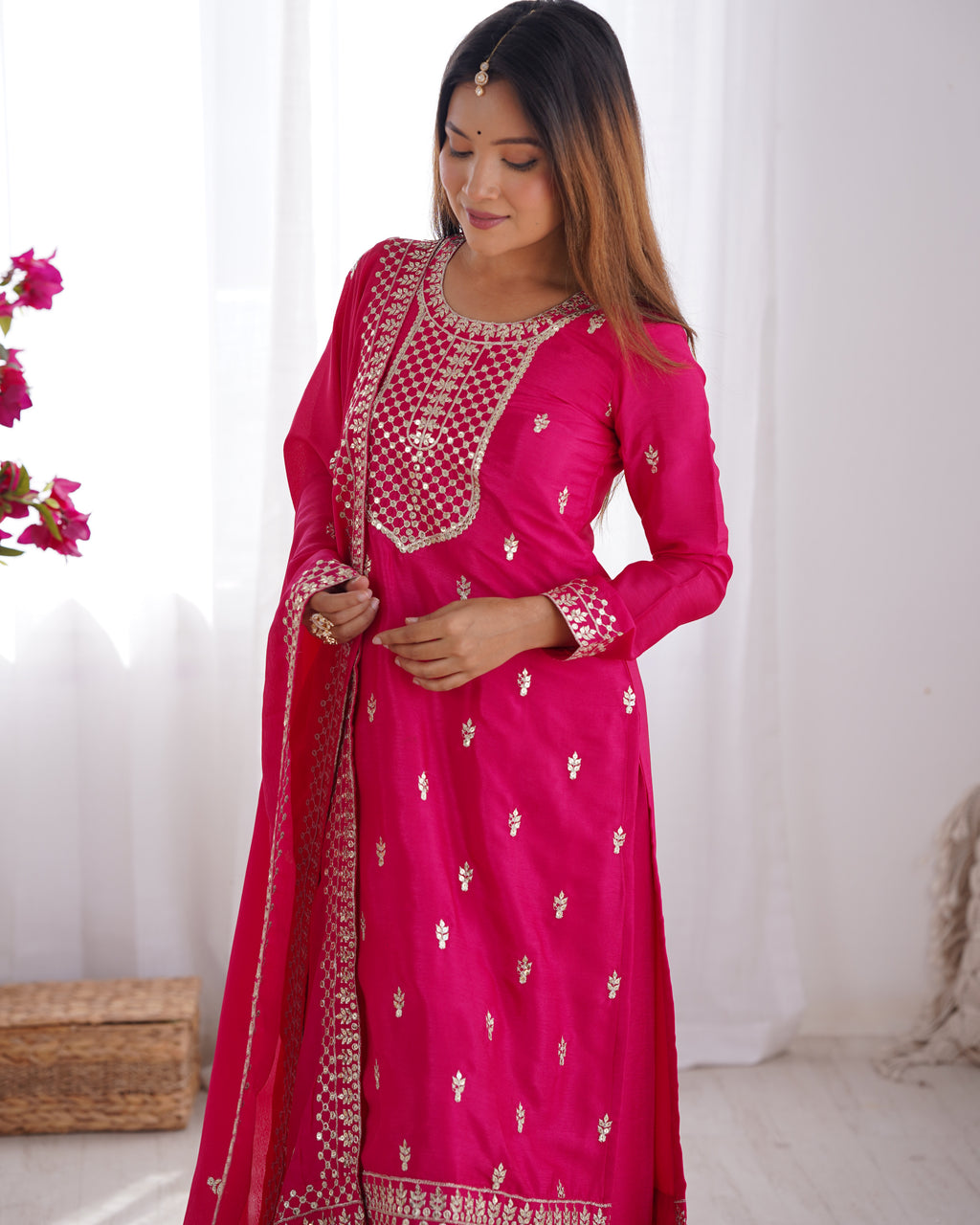 Beautiful Pure Chinon Silk Fabric Straight Fit Kurta, Dupatta With Trouser Set - Pink
