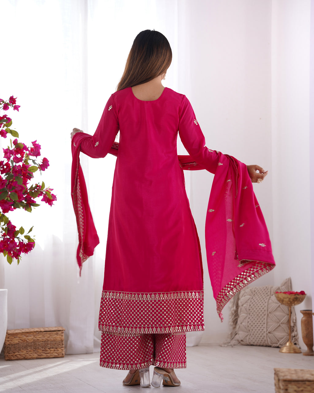 Beautiful Pure Chinon Silk Fabric Straight Fit Kurta, Dupatta With Trouser Set - Pink
