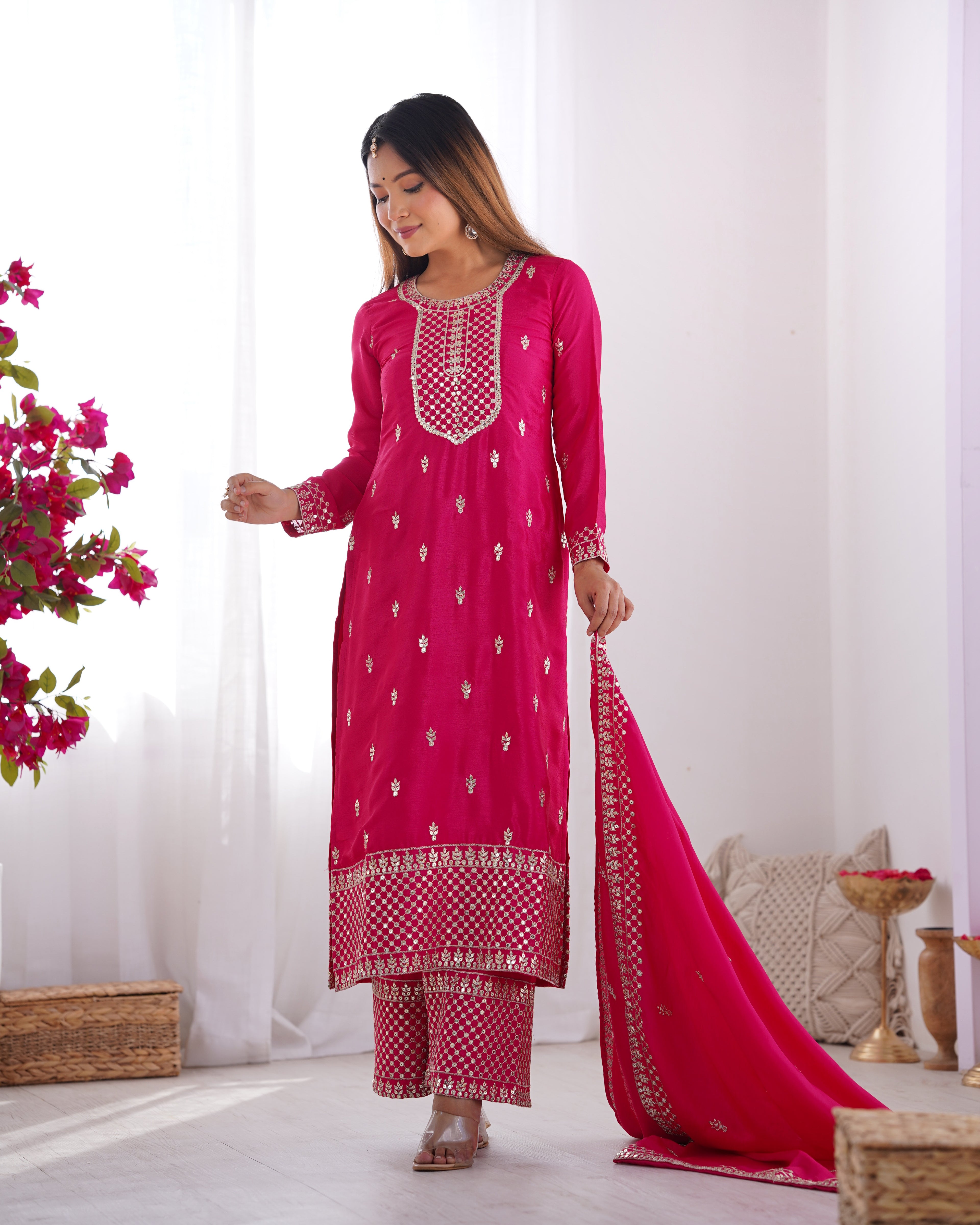 Beautiful Pure Chinon Silk Fabric Straight Fit Kurta, Dupatta With Trouser Set - Pink
