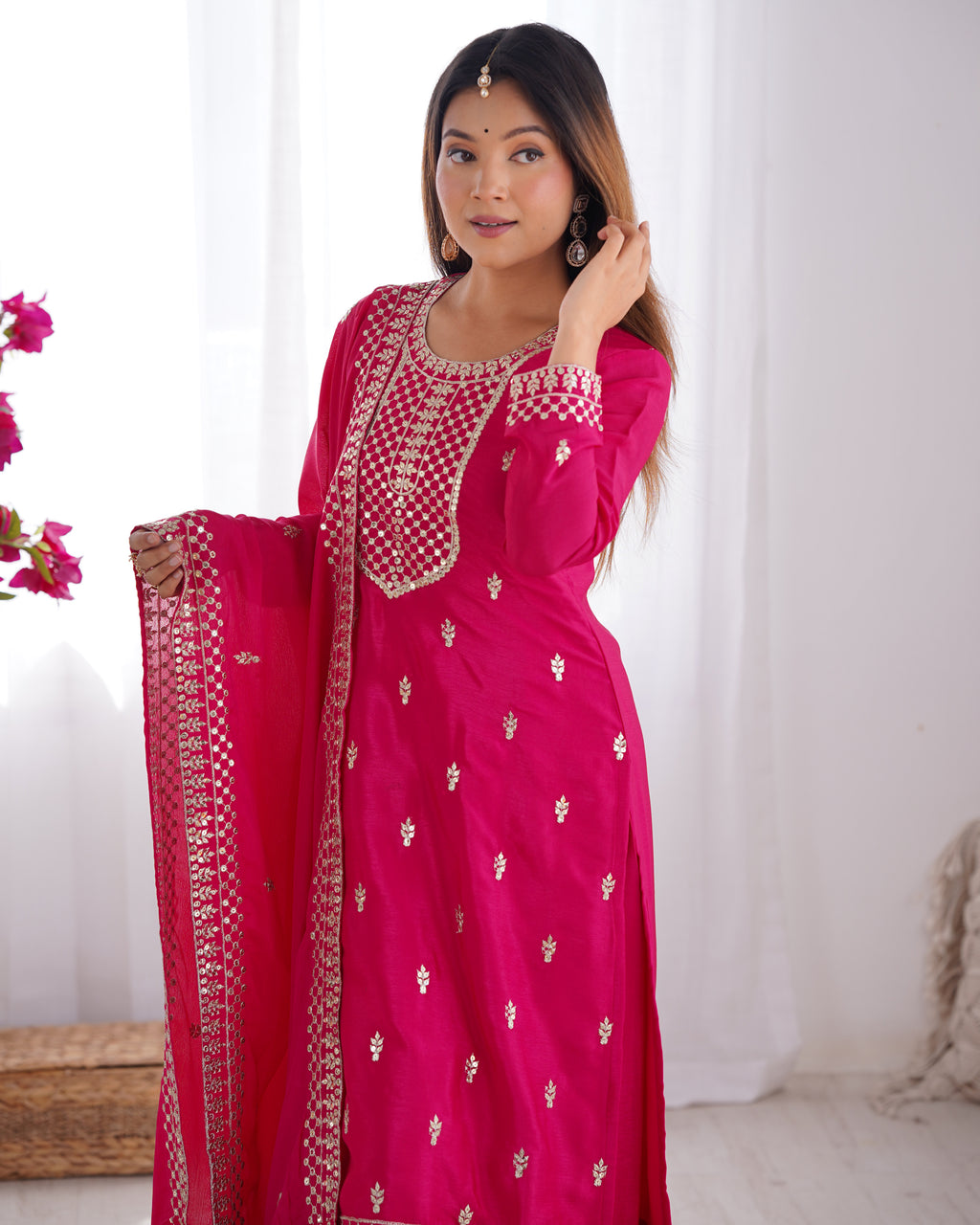 Beautiful Pure Chinon Silk Fabric Straight Fit Kurta, Dupatta With Trouser Set - Pink
