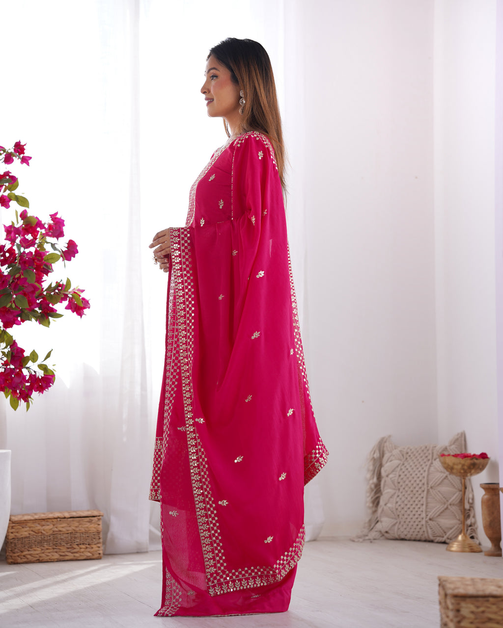 Beautiful Pure Chinon Silk Fabric Straight Fit Kurta, Dupatta With Trouser Set - Pink