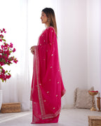 Beautiful Pure Chinon Silk Fabric Straight Fit Kurta, Dupatta With Trouser Set - Pink