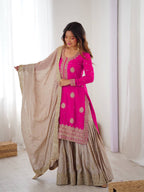 Trendy Pink Chinon Silk Sharara Set with Embroidered Dupatta
