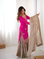 Trendy Pink Chinon Silk Sharara Set with Embroidered Dupatta
