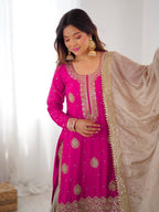 Trendy Pink Chinon Silk Sharara Set with Embroidered Dupatta
