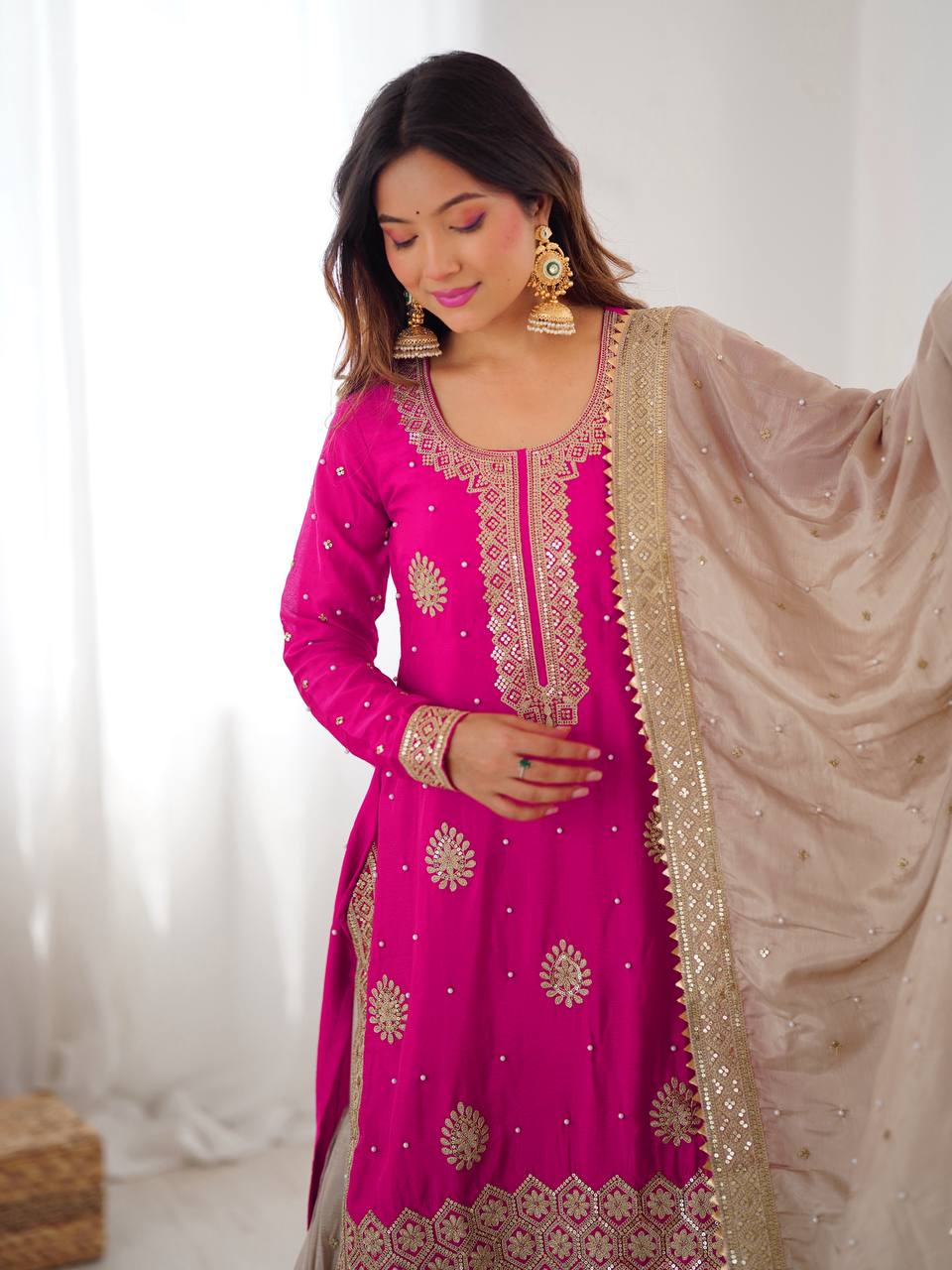 Trendy Pink Chinon Silk Sharara Set with Embroidered Dupatta
