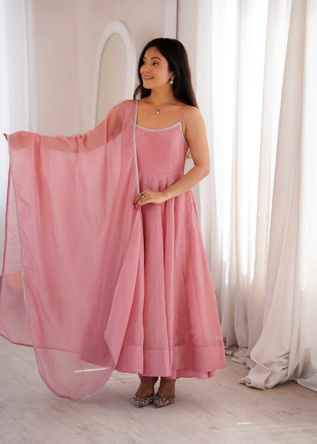 Glamorous Pink Crunchy Silk Swarovski Work Anarkali Set
