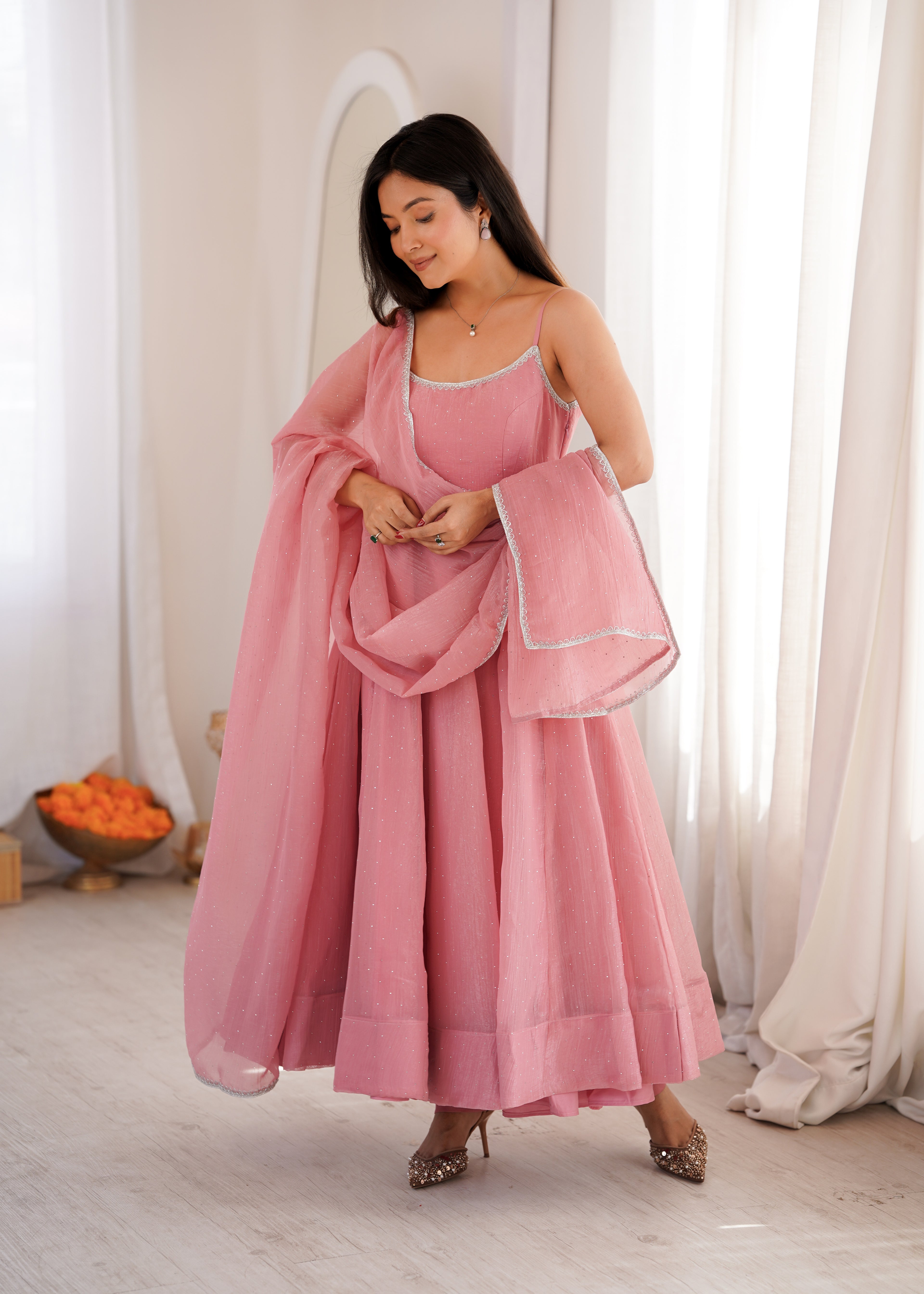 Glamorous Pink Crunchy Silk Swarovski Work Anarkali Set
