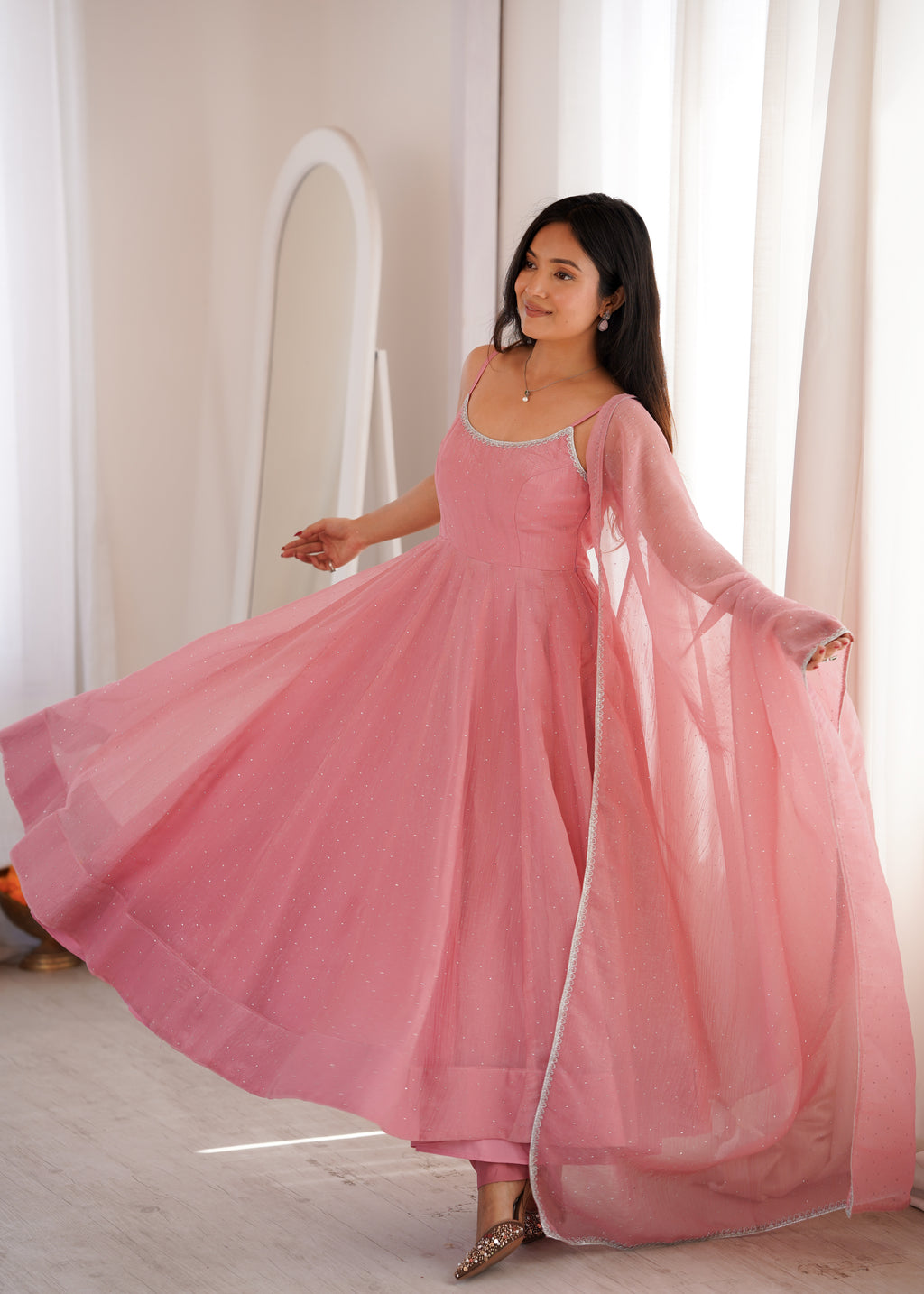 Glamorous Pink Crunchy Silk Swarovski Work Anarkali Set
