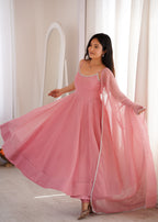 Glamorous Pink Crunchy Silk Swarovski Work Anarkali Set

