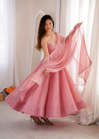 Glamorous Pink Crunchy Silk Swarovski Work Anarkali Set
