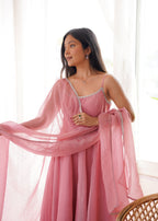 Glamorous Pink Crunchy Silk Swarovski Work Anarkali Set

