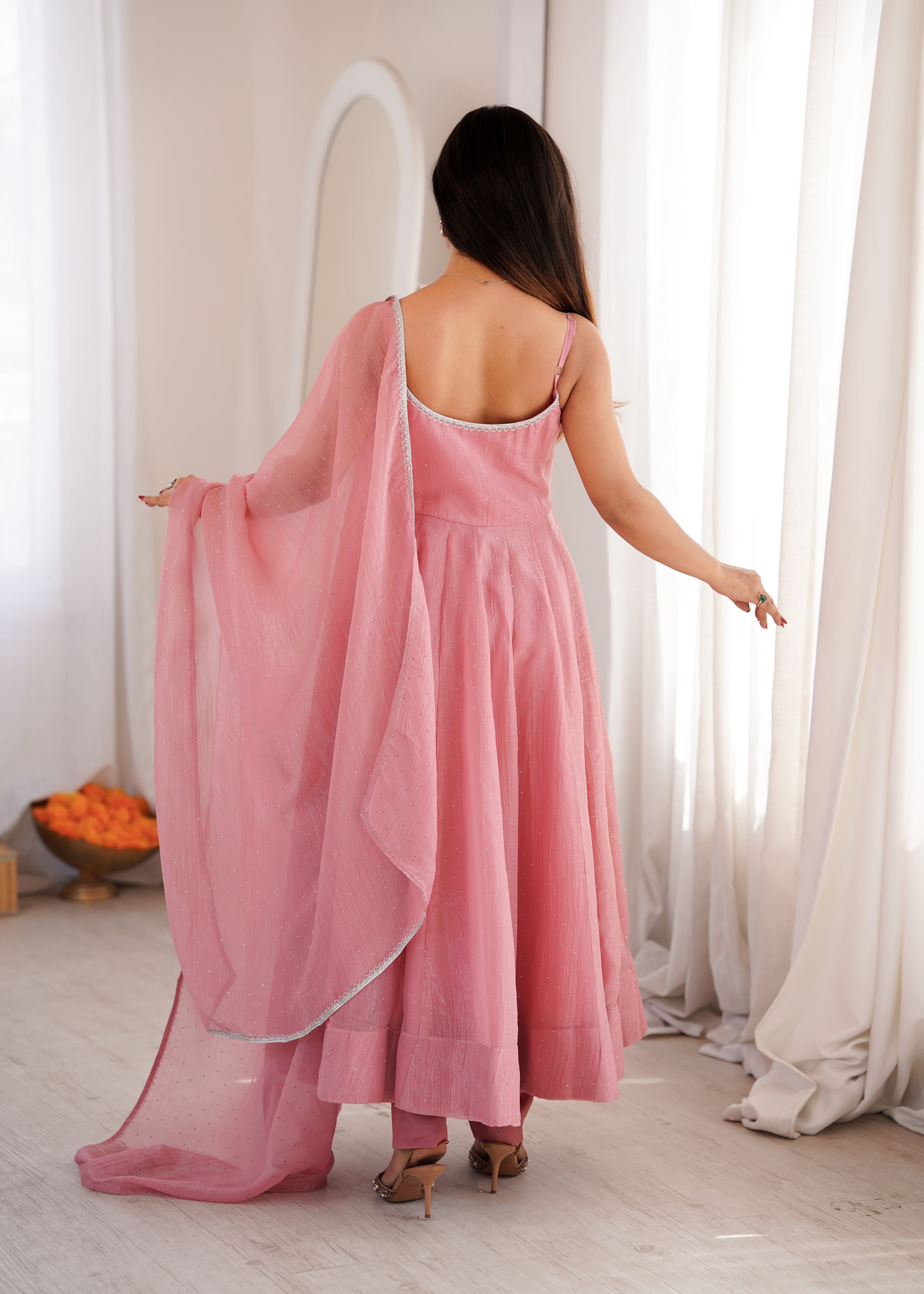Glamorous Pink Crunchy Silk Swarovski Work Anarkali Set
