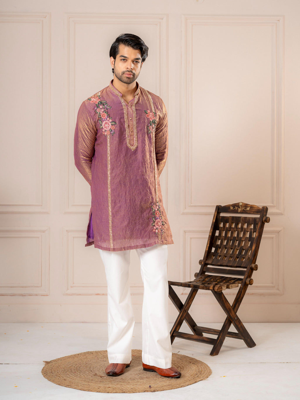 Dusty Pink Crush Tissue Embroidered Kurta Set | Tulip Designer
