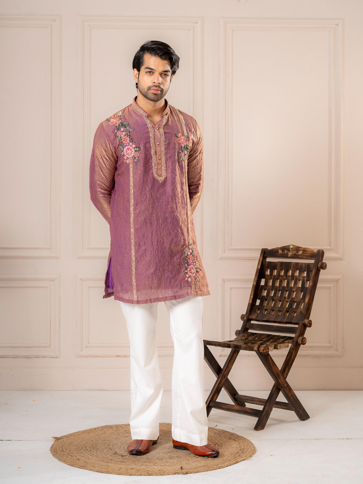 Dusty Pink Crush Tissue Embroidered Kurta Set | Tulip Designer
