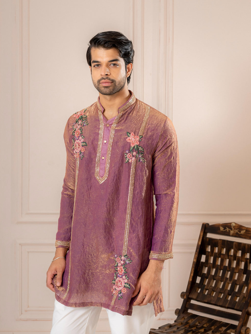 Dusty Pink Crush Tissue Embroidered Kurta Set | Tulip Designer
