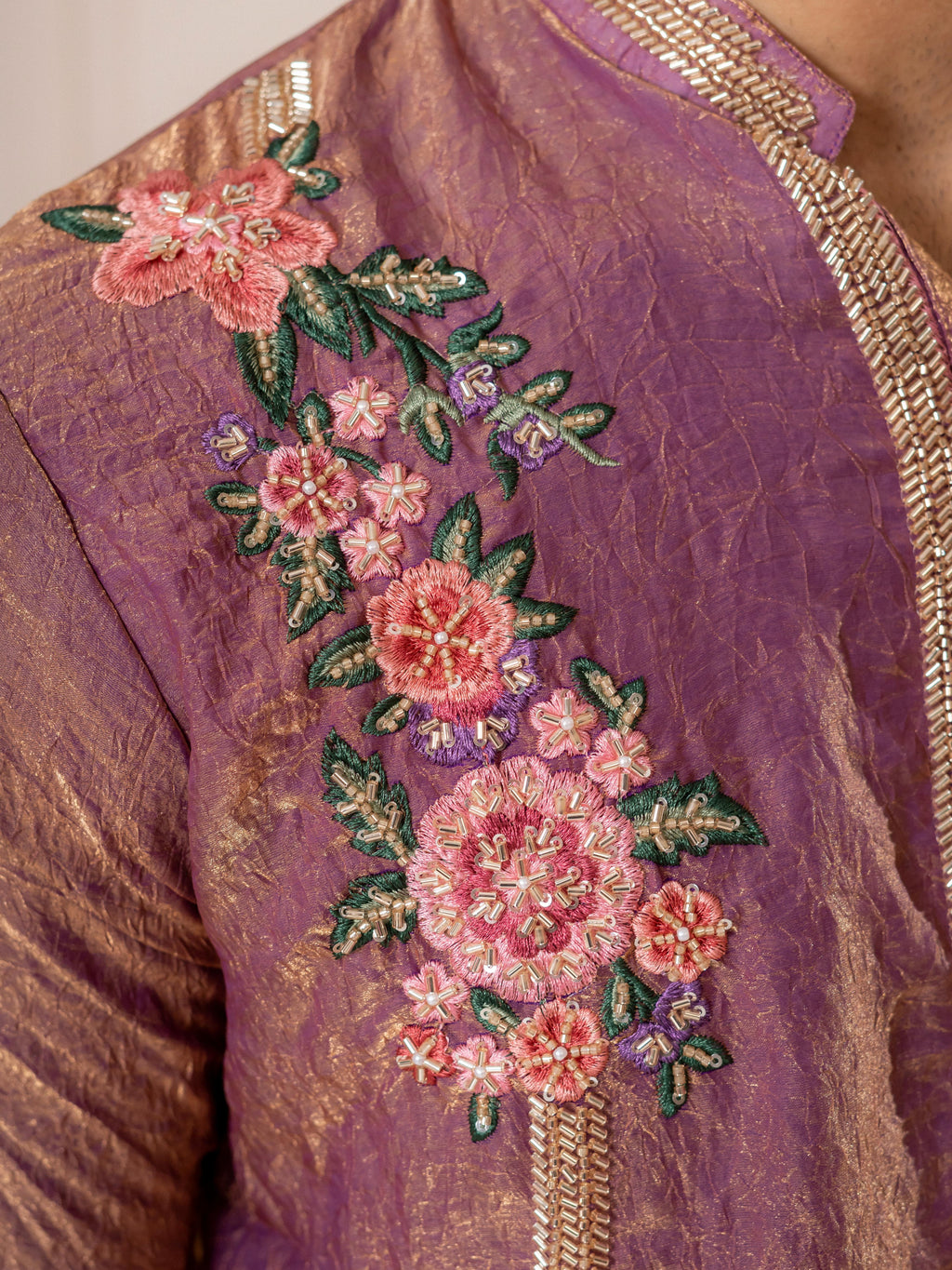 Dusty Pink Crush Tissue Embroidered Kurta Set | Tulip Designer

