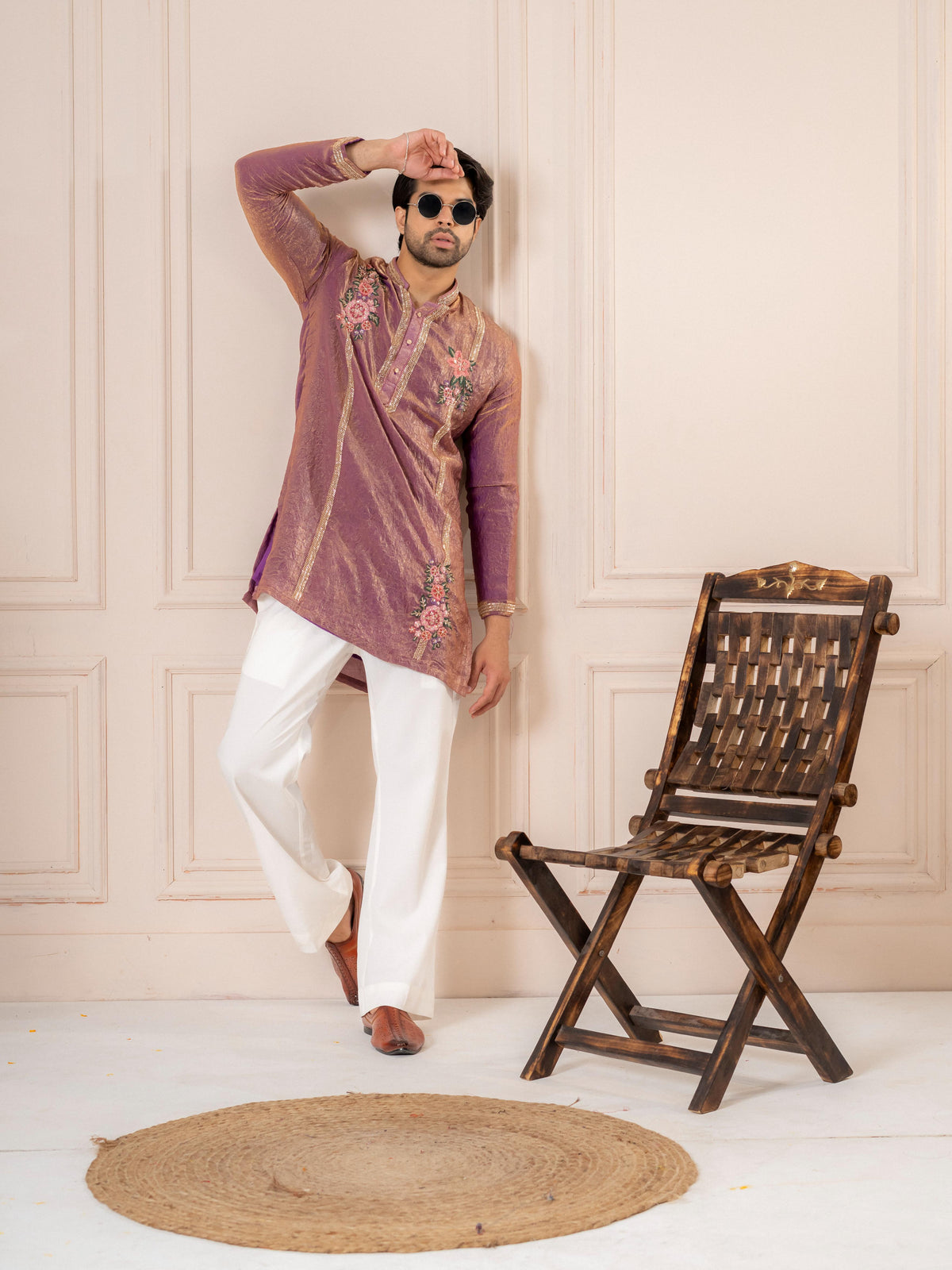 Dusty Pink Crush Tissue Embroidered Kurta Set | Tulip Designer
