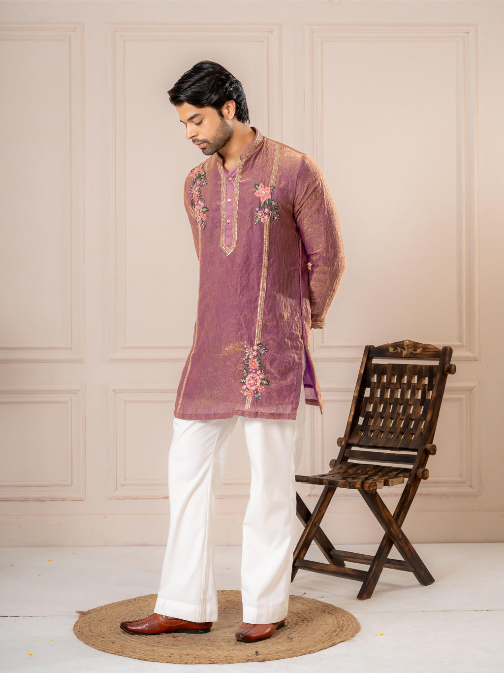 Dusty Pink Crush Tissue Embroidered Kurta Set | Tulip Designer
