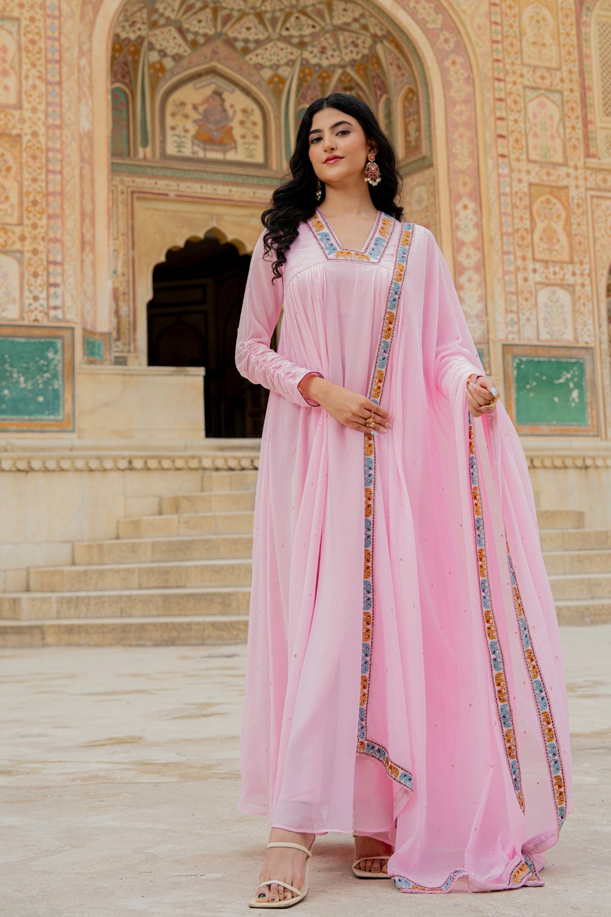 Soft Pink Embroidered Georgette Anarkali Gown