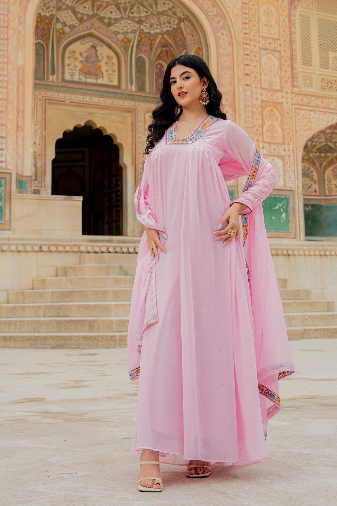 Soft Pink Embroidered Georgette Anarkali Gown