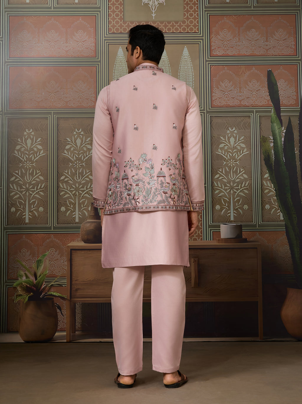Pink Unique Color Embroidered Koti Kurta Pajama for Mens
