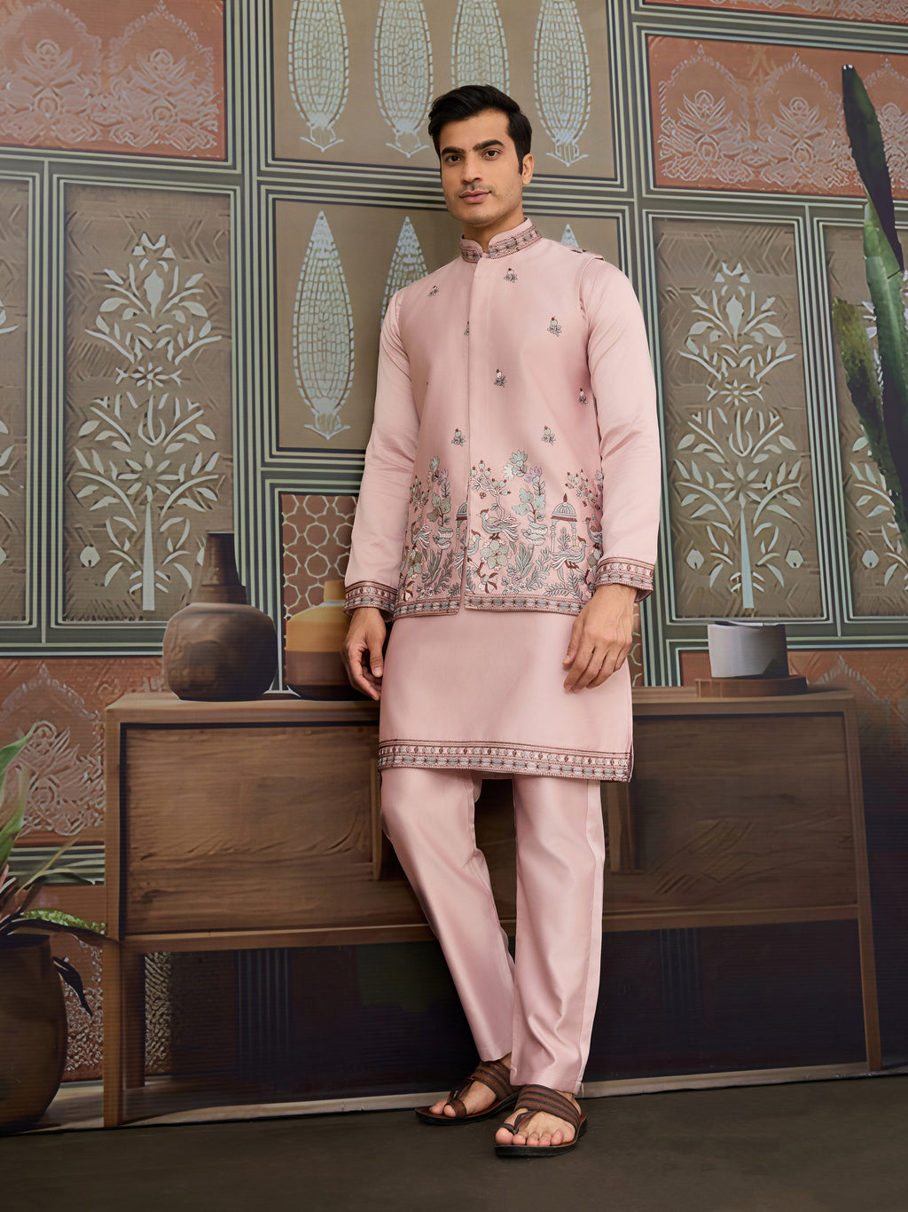 Pink Unique Color Embroidered Koti Kurta Pajama for Mens
