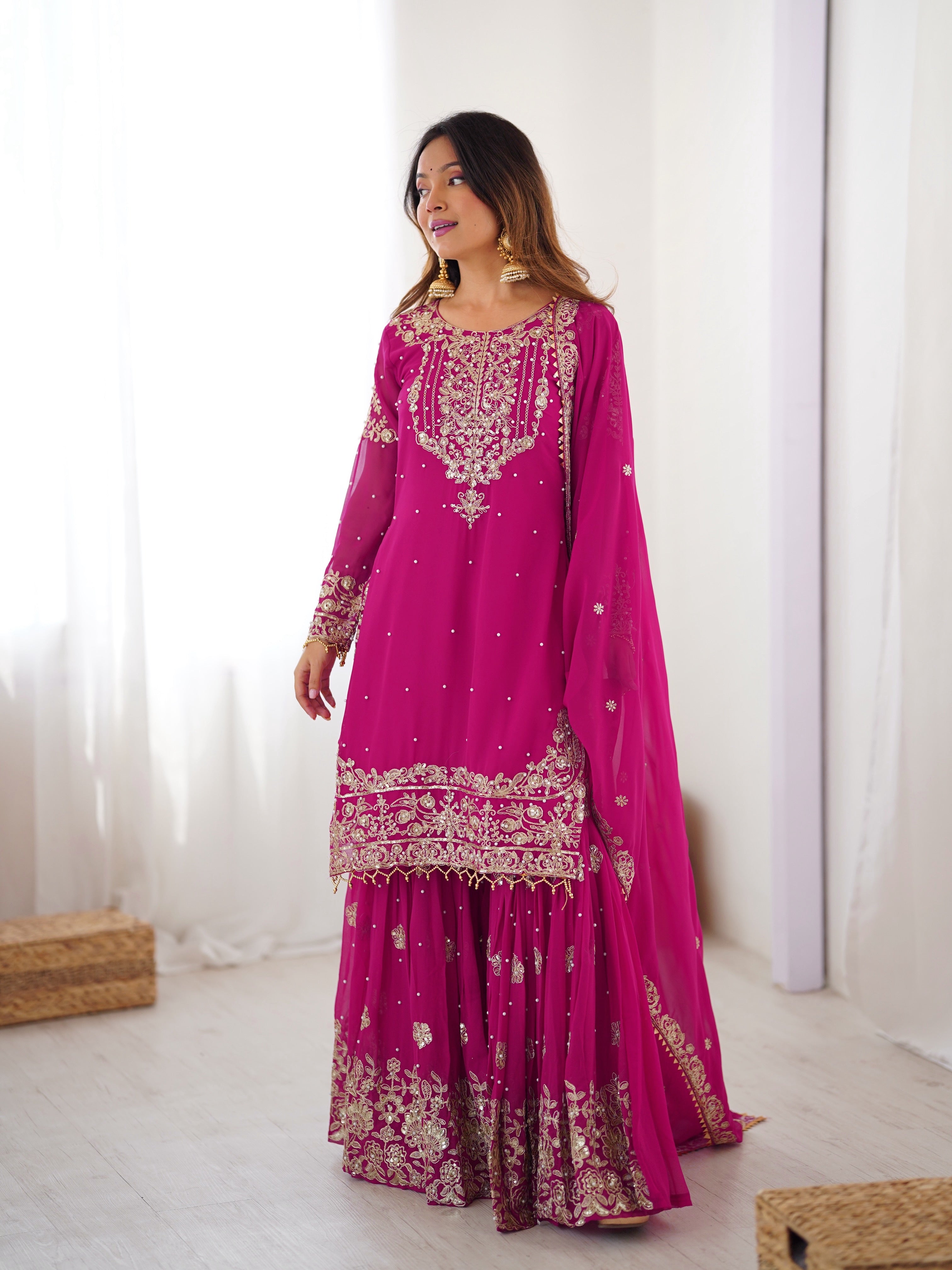 Party Wear Pink Faux Georgette Cording Dori Work Sharara Suit Collection
