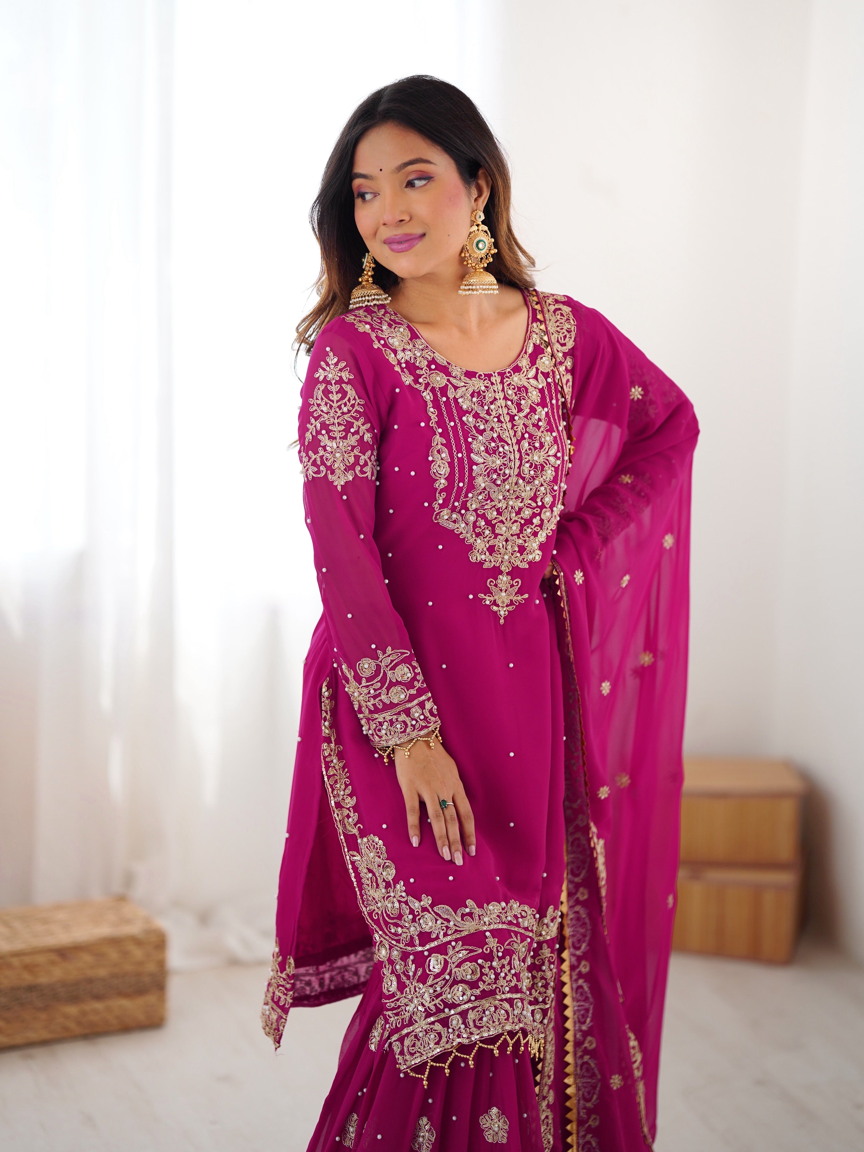 Party Wear Pink Faux Georgette Cording Dori Work Sharara Suit Collection
