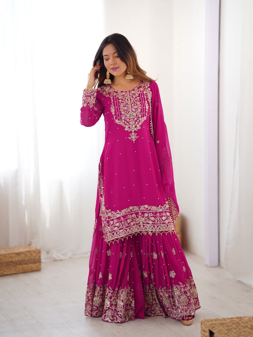 Party Wear Pink Faux Georgette Cording Dori Work Sharara Suit Collection
