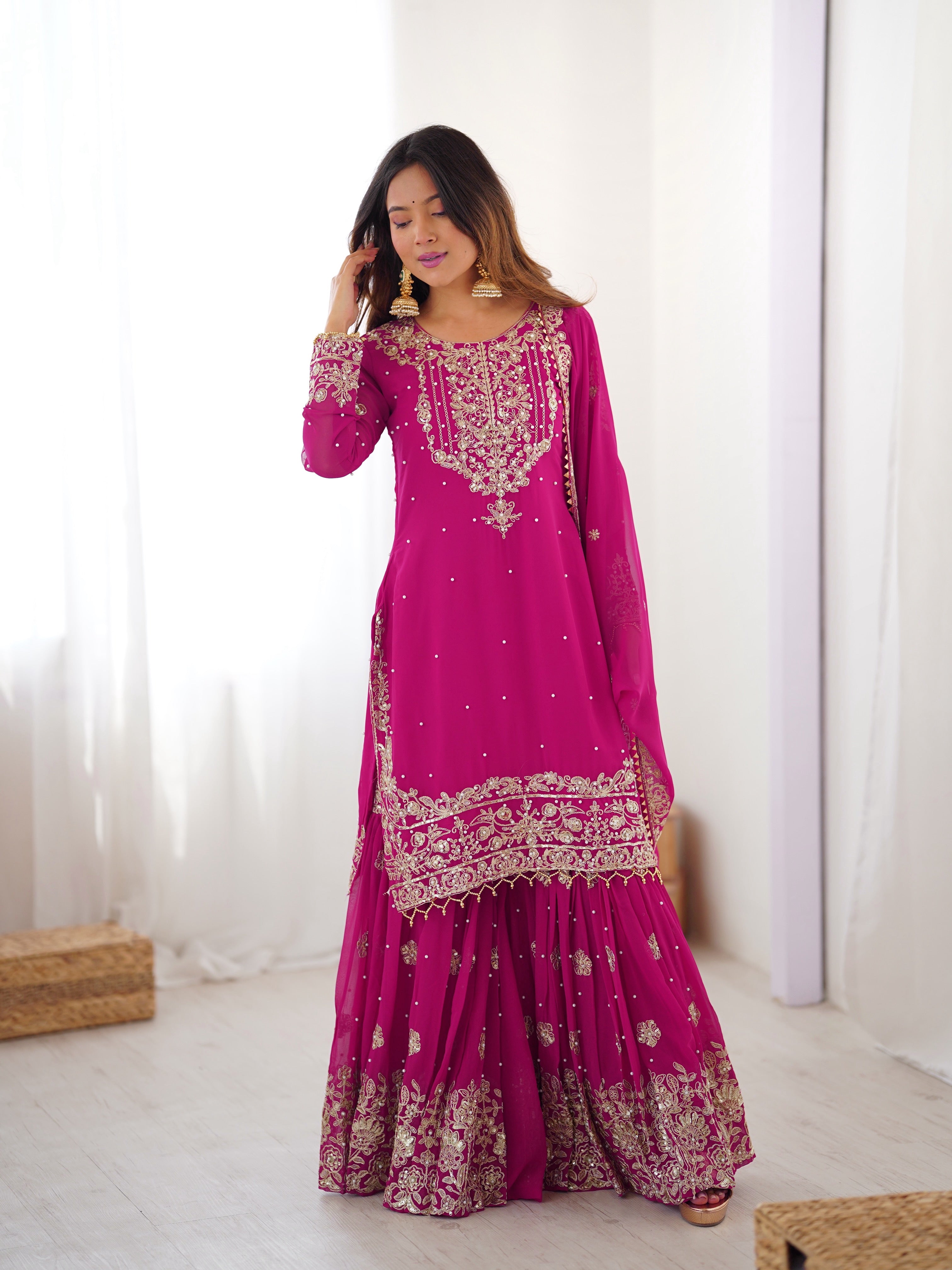 Party Wear Pink Faux Georgette Cording Dori Work Sharara Suit Collection
