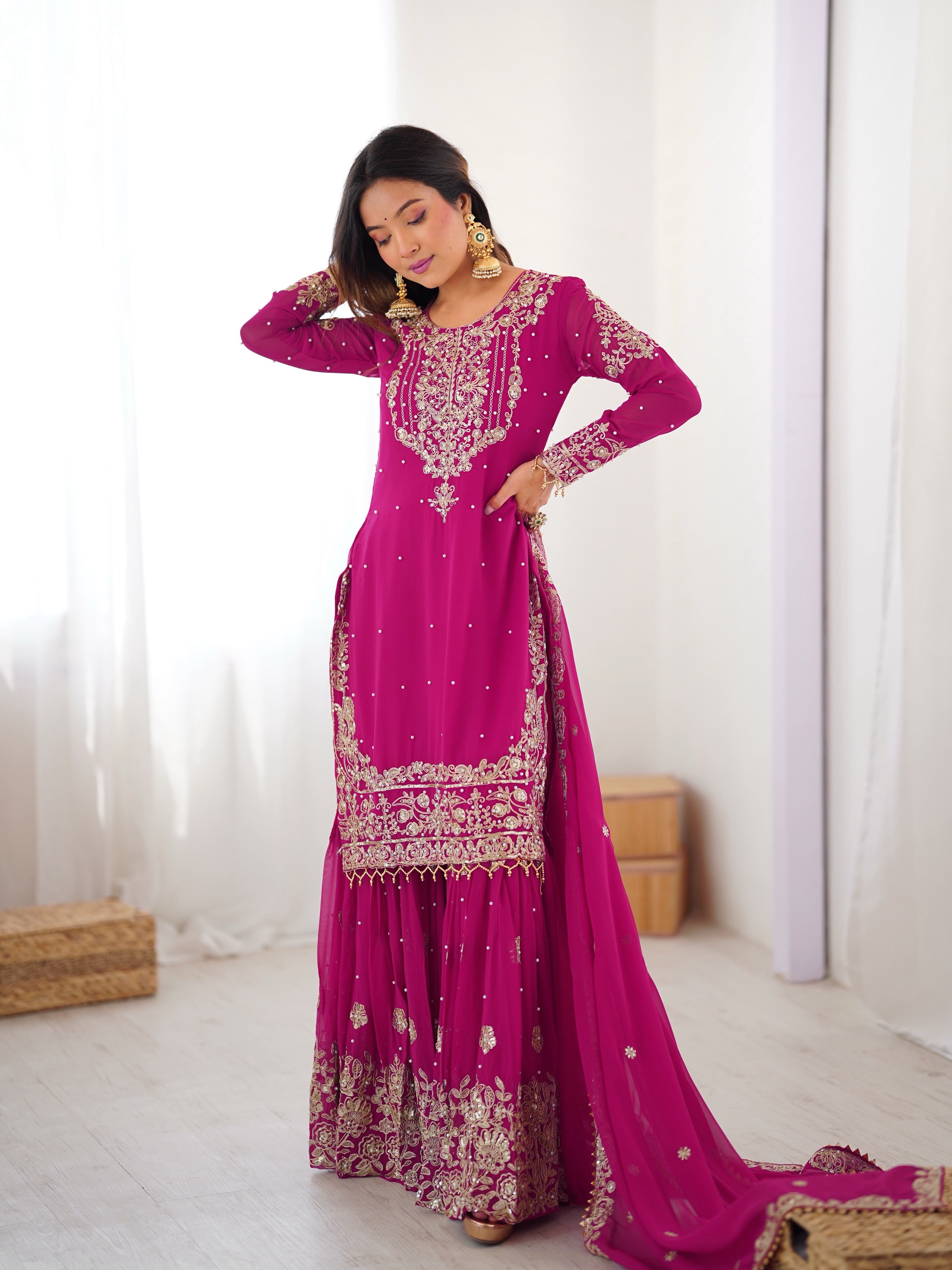 Party Wear Pink Faux Georgette Cording Dori Work Sharara Suit Collection

