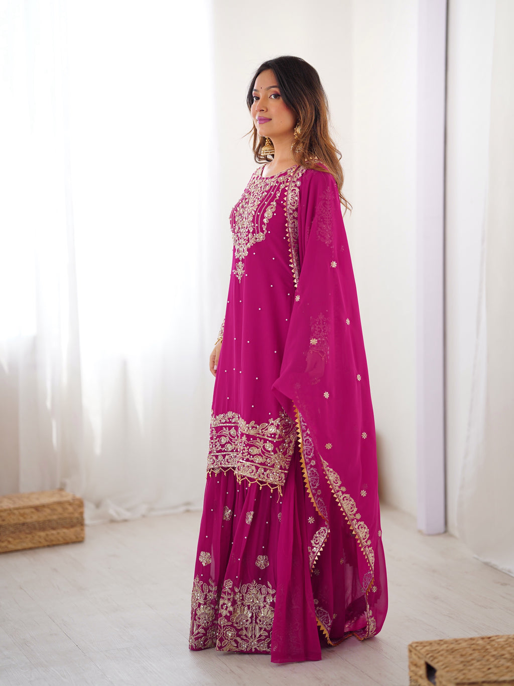 Party Wear Pink Faux Georgette Cording Dori Work Sharara Suit Collection
