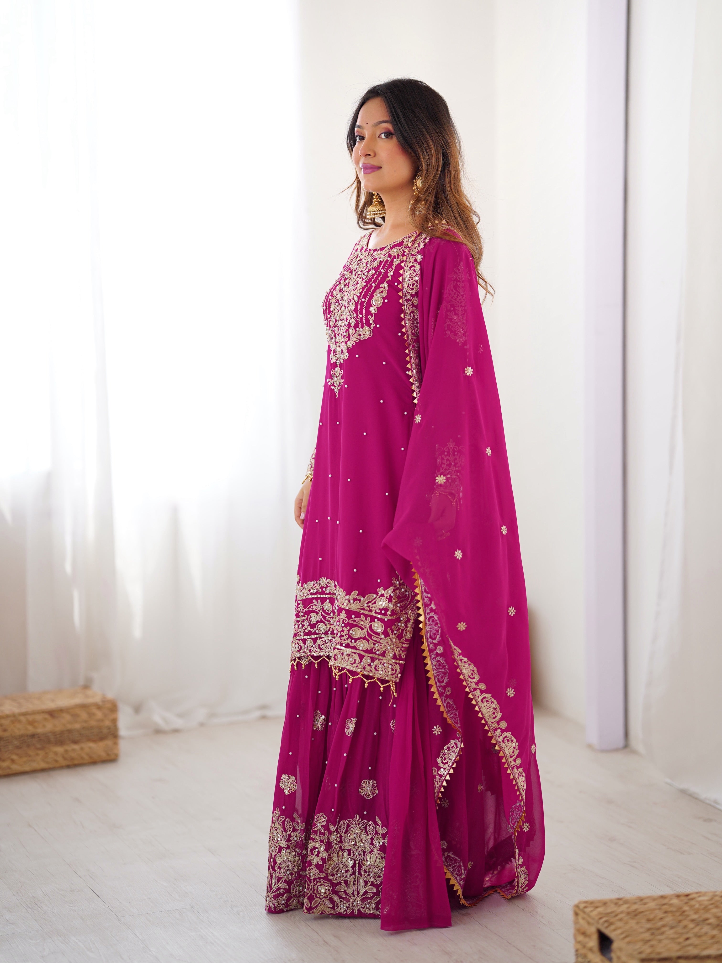 Party Wear Pink Faux Georgette Cording Dori Work Sharara Suit Collection

