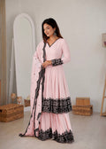 Premium Pink Faux Georgette Thread Embroidered Suit Set With Dupatta
