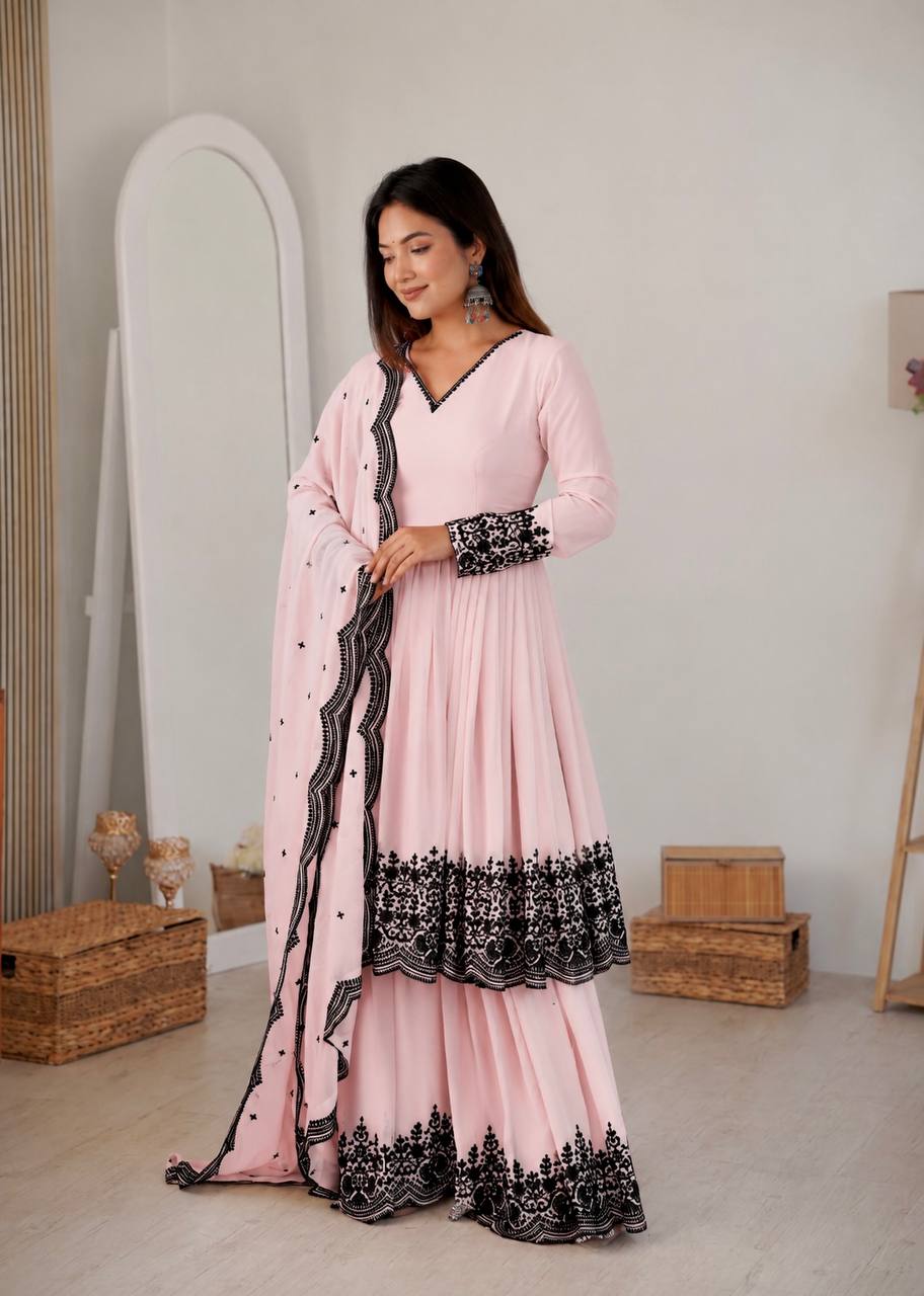 Premium Pink Faux Georgette Thread Embroidered Suit Set With Dupatta

