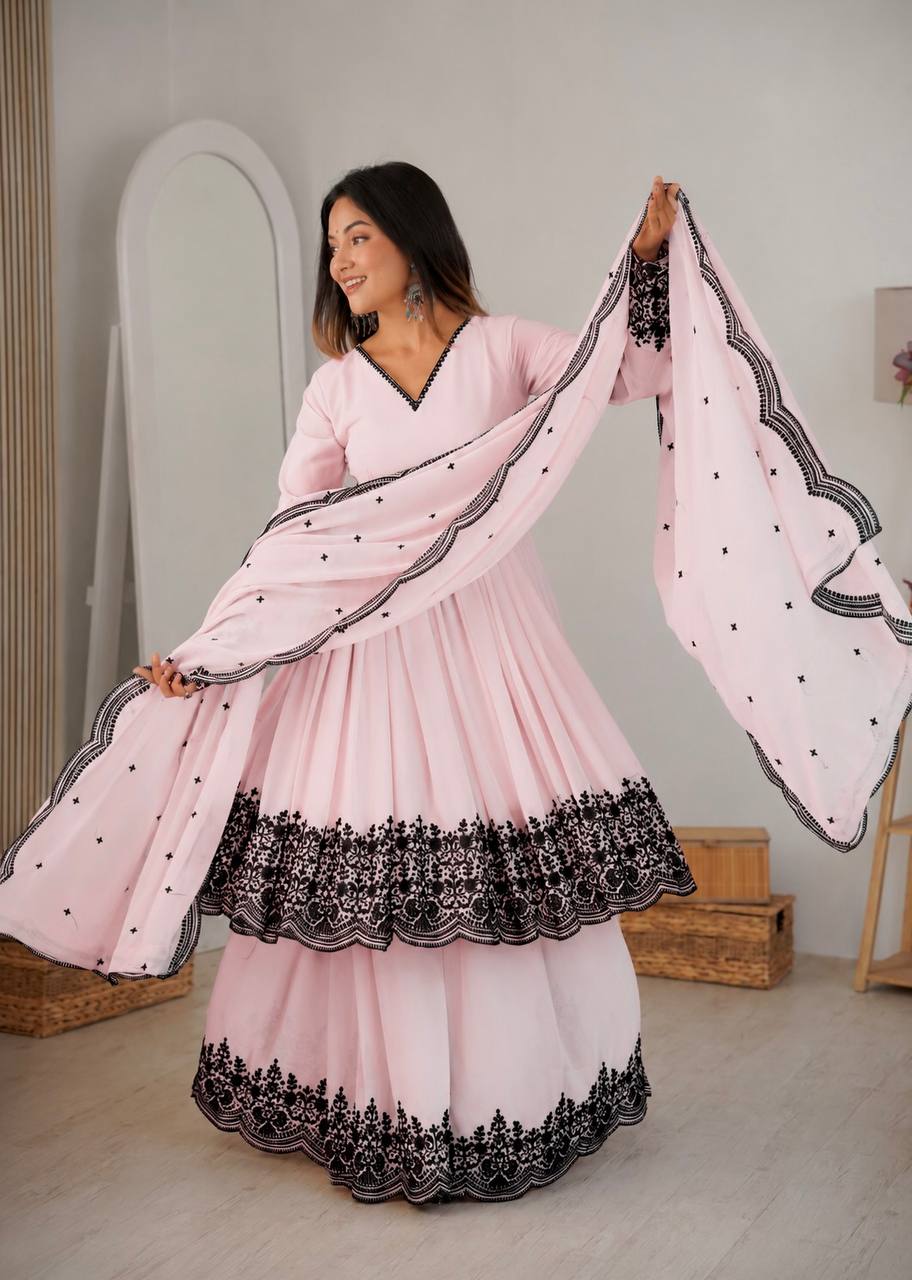 Premium Pink Faux Georgette Thread Embroidered Suit Set With Dupatta
