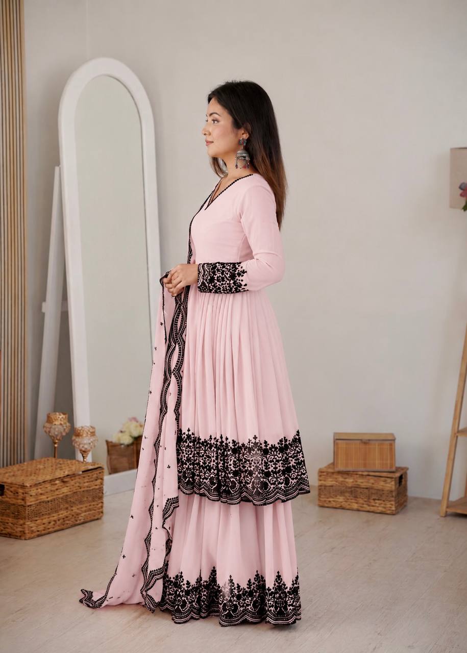Premium Pink Faux Georgette Thread Embroidered Suit Set With Dupatta
