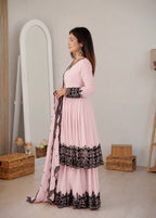 Premium Pink Faux Georgette Thread Embroidered Suit Set With Dupatta
