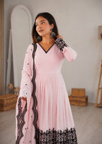 Premium Pink Faux Georgette Thread Embroidered Suit Set With Dupatta
