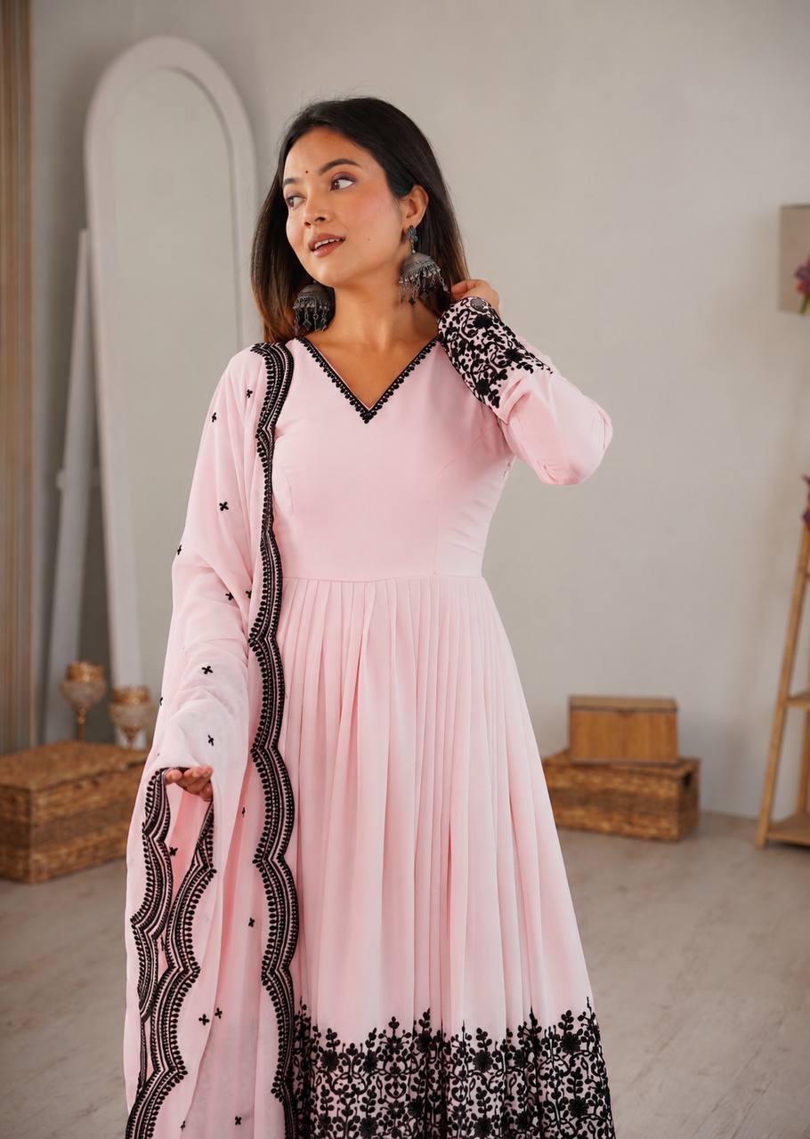 Premium Pink Faux Georgette Thread Embroidered Suit Set With Dupatta
