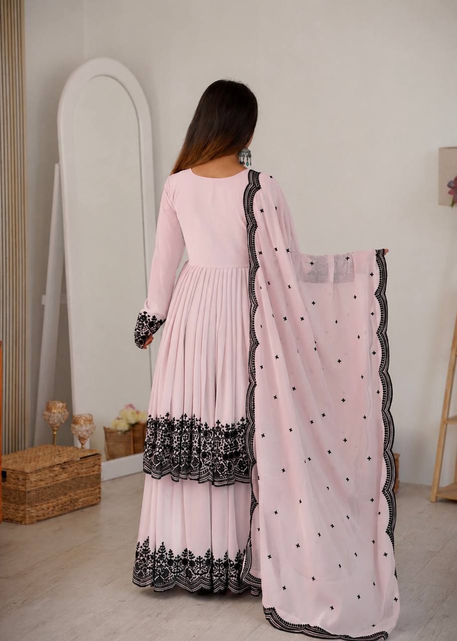 Premium Pink Faux Georgette Thread Embroidered Suit Set With Dupatta

