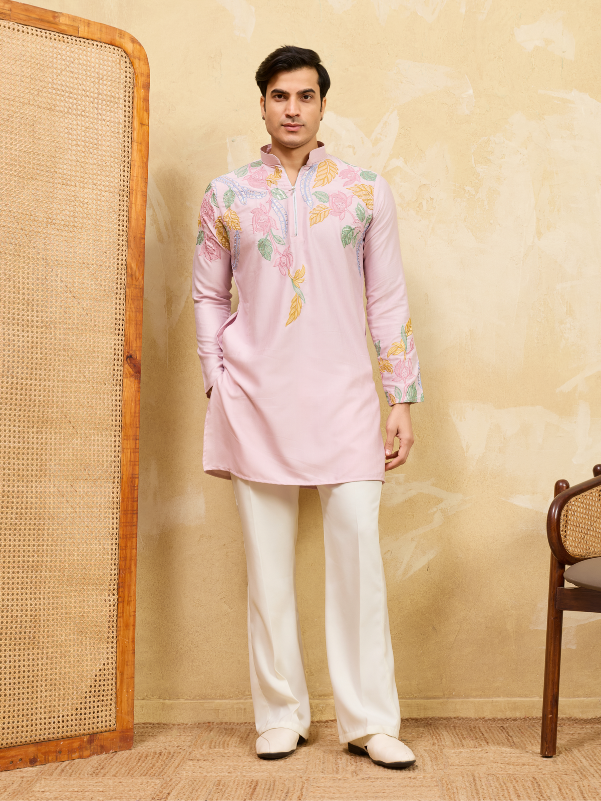 Festive Special Pink Embroidered Kurta Set for Men