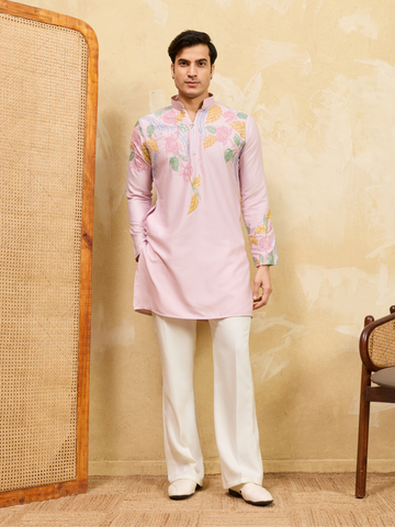 Festive Special Pink Embroidered Kurta Set for Men