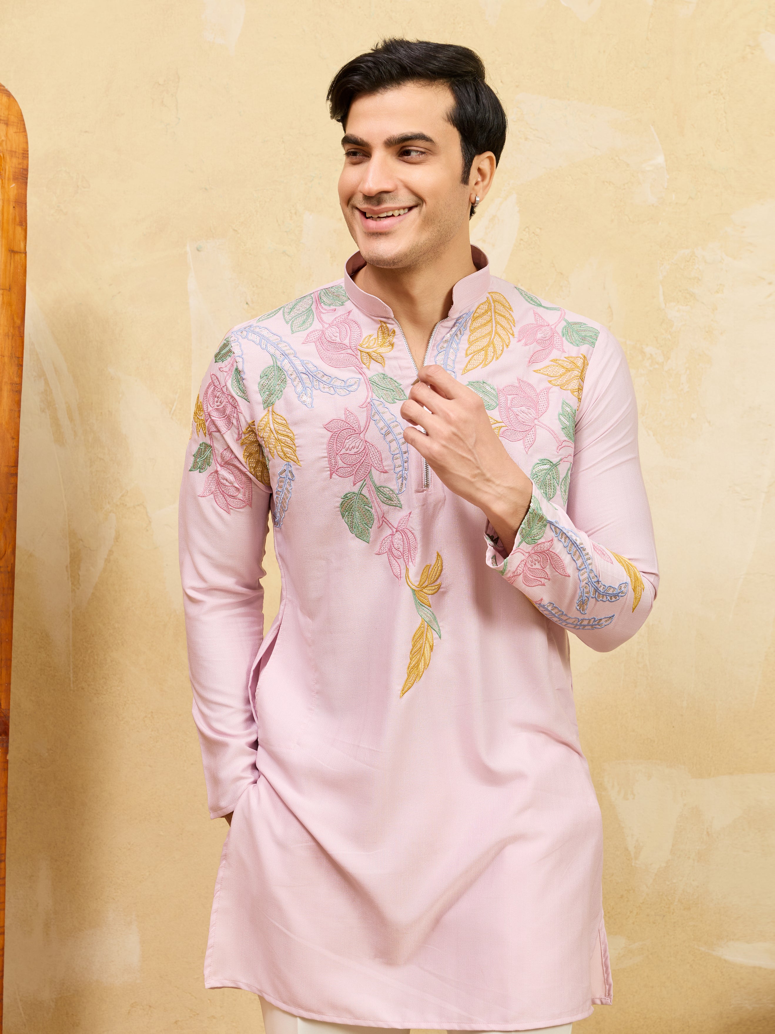 Festive Special Pink Embroidered Kurta Set for Men
