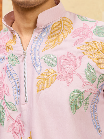 Festive Special Pink Embroidered Kurta Set for Men
