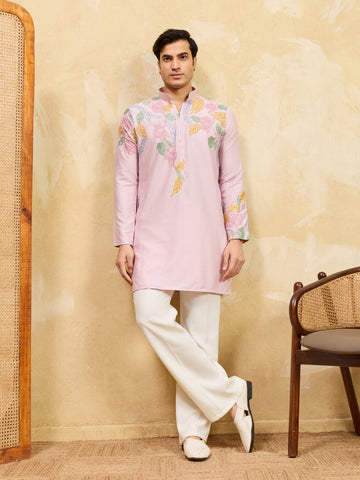 Festive Special Pink Embroidered Kurta Set for Men
