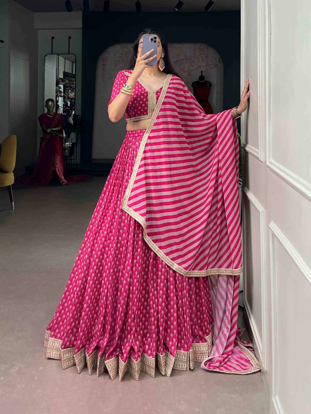Pink Floral Print Embroidered Lehenga Set | Tulip Designer
