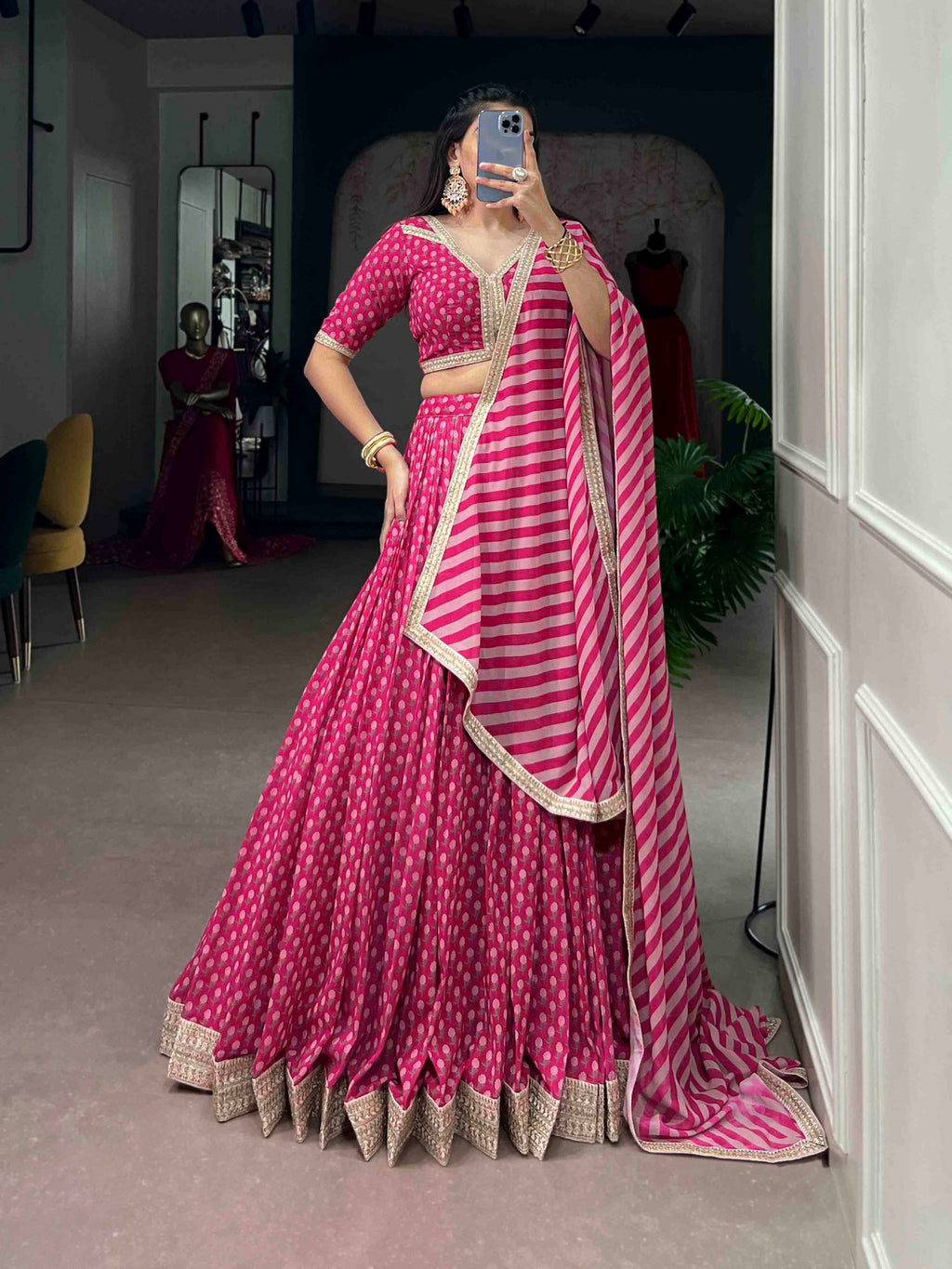 Pink Floral Print Embroidered Lehenga Set | Tulip Designer
