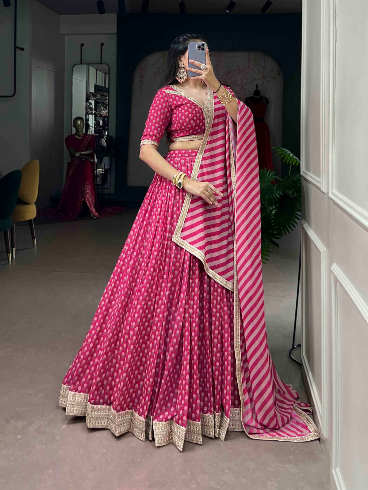 Pink Floral Print Embroidered Lehenga Set | Tulip Designer
